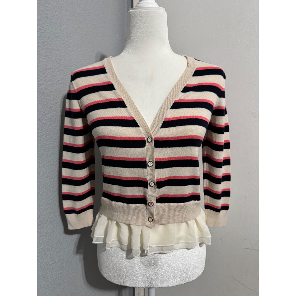 Maison Jules 100% Cotton Cardigan Sweater Size S Striped Peplum Navy Cream Women
